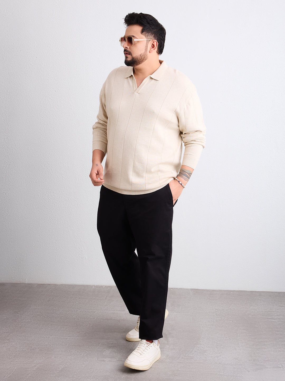 Flat Knit Full Sleeve Polo Ribbed T Shirt  - Ash Grey - Style 137