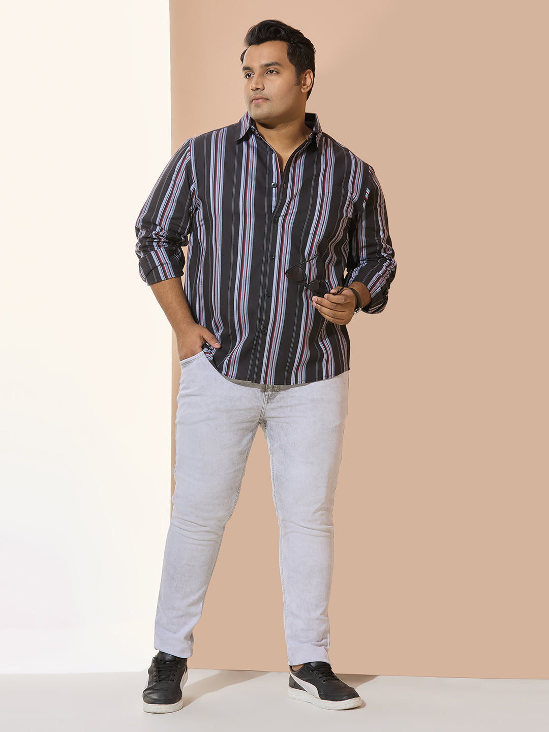 Men Cotton Stripe 1 Pocket Regular Fit Smart Casual Shirt - BlackRed