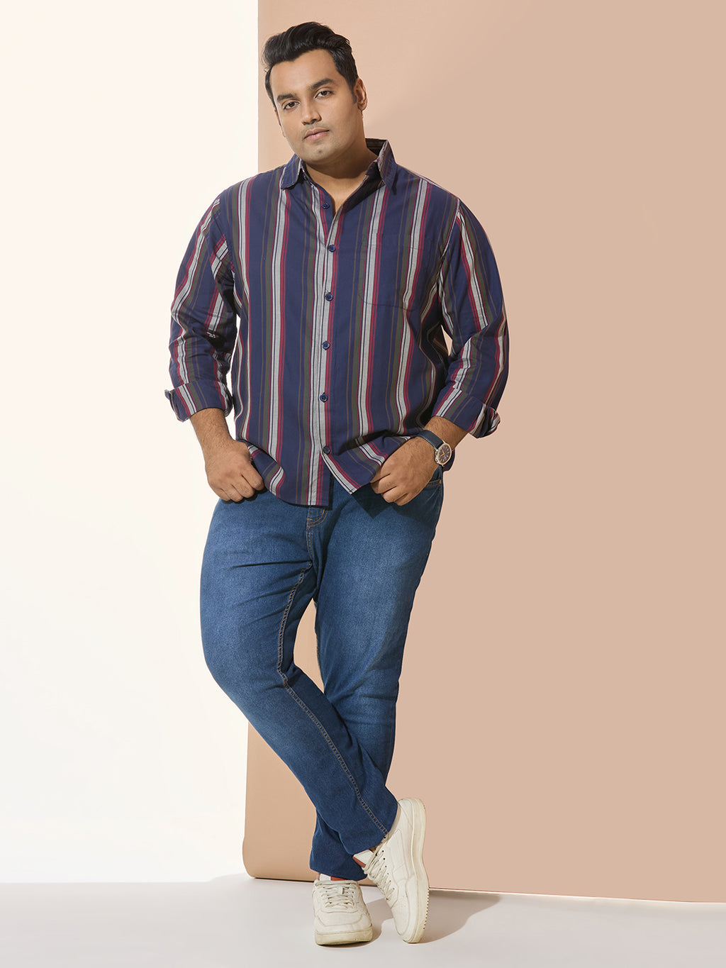 Men Cotton Stripe 1 Pocket Regular Fit Smart Casual Shirt - RedOlive