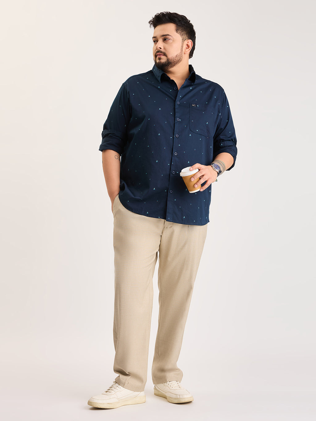 Plus Size Cotton 1 Pocket Regular Fit Smart Casual Shirt  - Navy - Style 1278