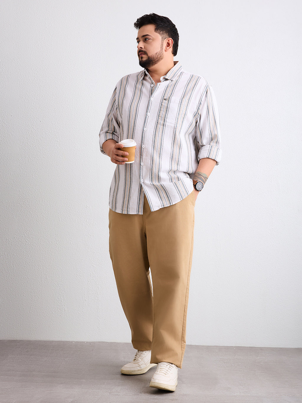 Plus Size Cotton 1 Pocket Regular Fit Smart Casual Shirt  - Beige - Style 1269