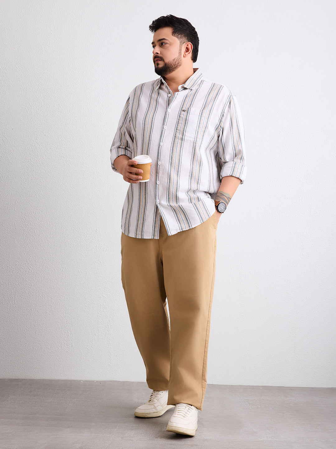 Plus Size Cotton 1 Pocket Regular Fit Smart Casual Shirt  - Beige - Style 1269