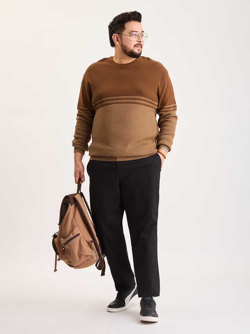 Flat Knit Full Sleeve Polo Ribbed T Shirt  - Brown - Style 135