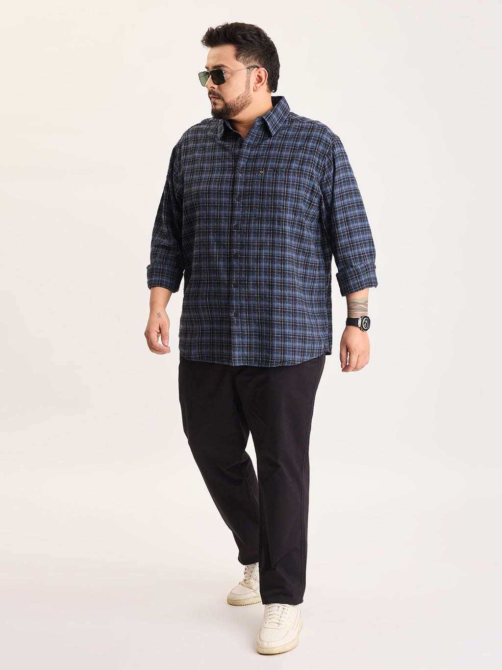 Plus Size Cotton 1 Pocket Regular Fit Smart Casual Shirt  - Blue - Style 1264