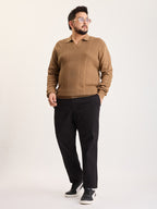 Flat Knit Full Sleeve Polo Ribbed T Shirt  - Khaki - Style 136
