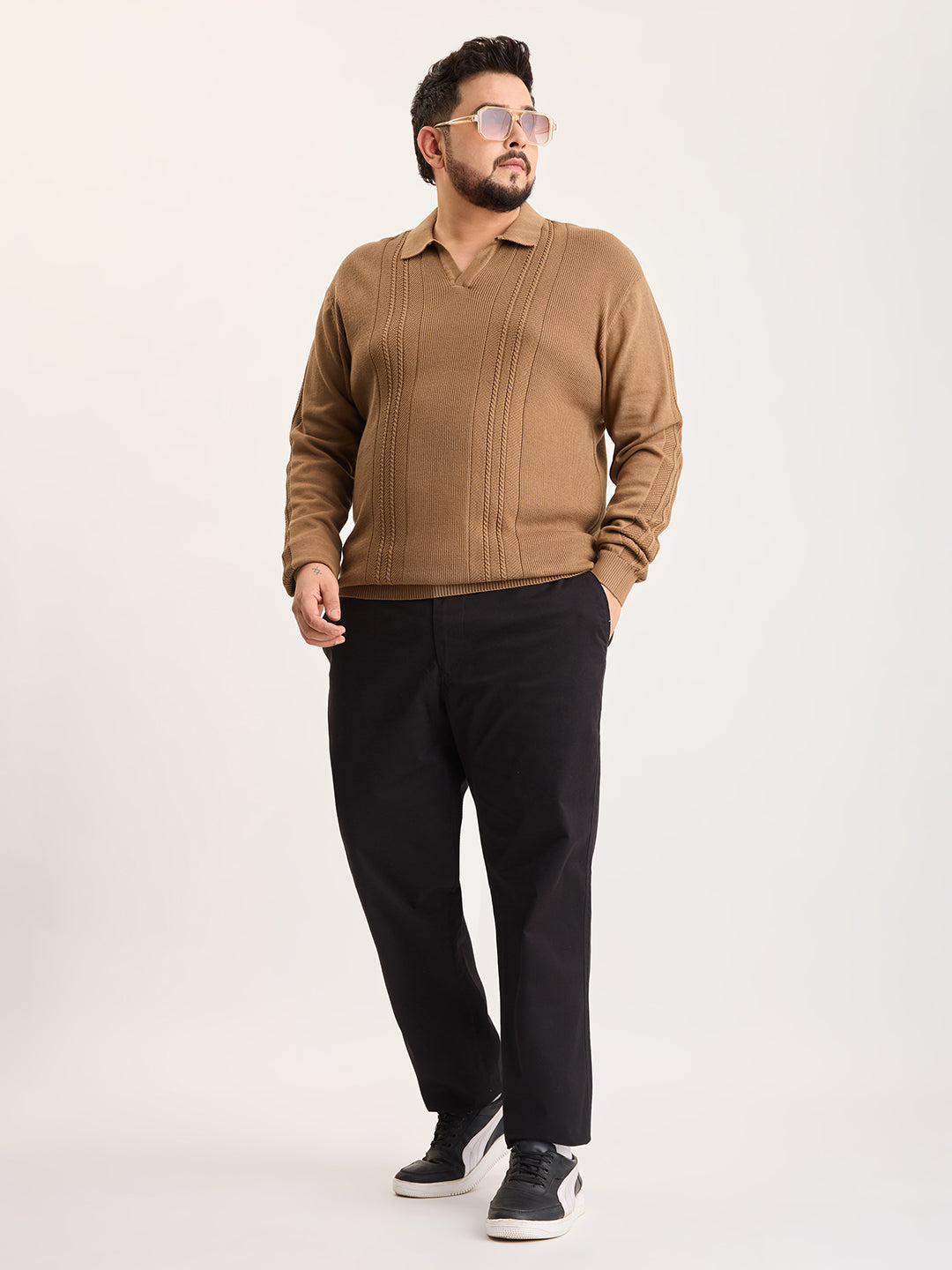 Flat Knit Full Sleeve Polo Ribbed T Shirt  - Khaki - Style 136