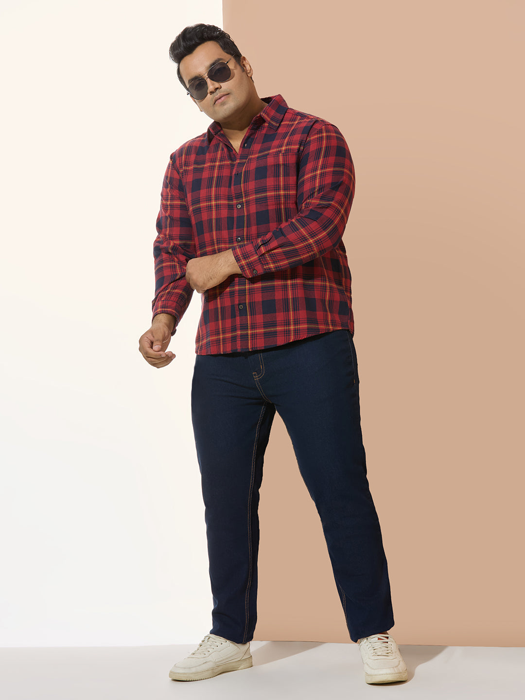 Men Cotton Checks 1 Pocket Regular Fit Smart Casual Shirt - Red