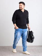Flat Knit Full Sleeve Polo Ribbed T Shirt  - Black - Style 136