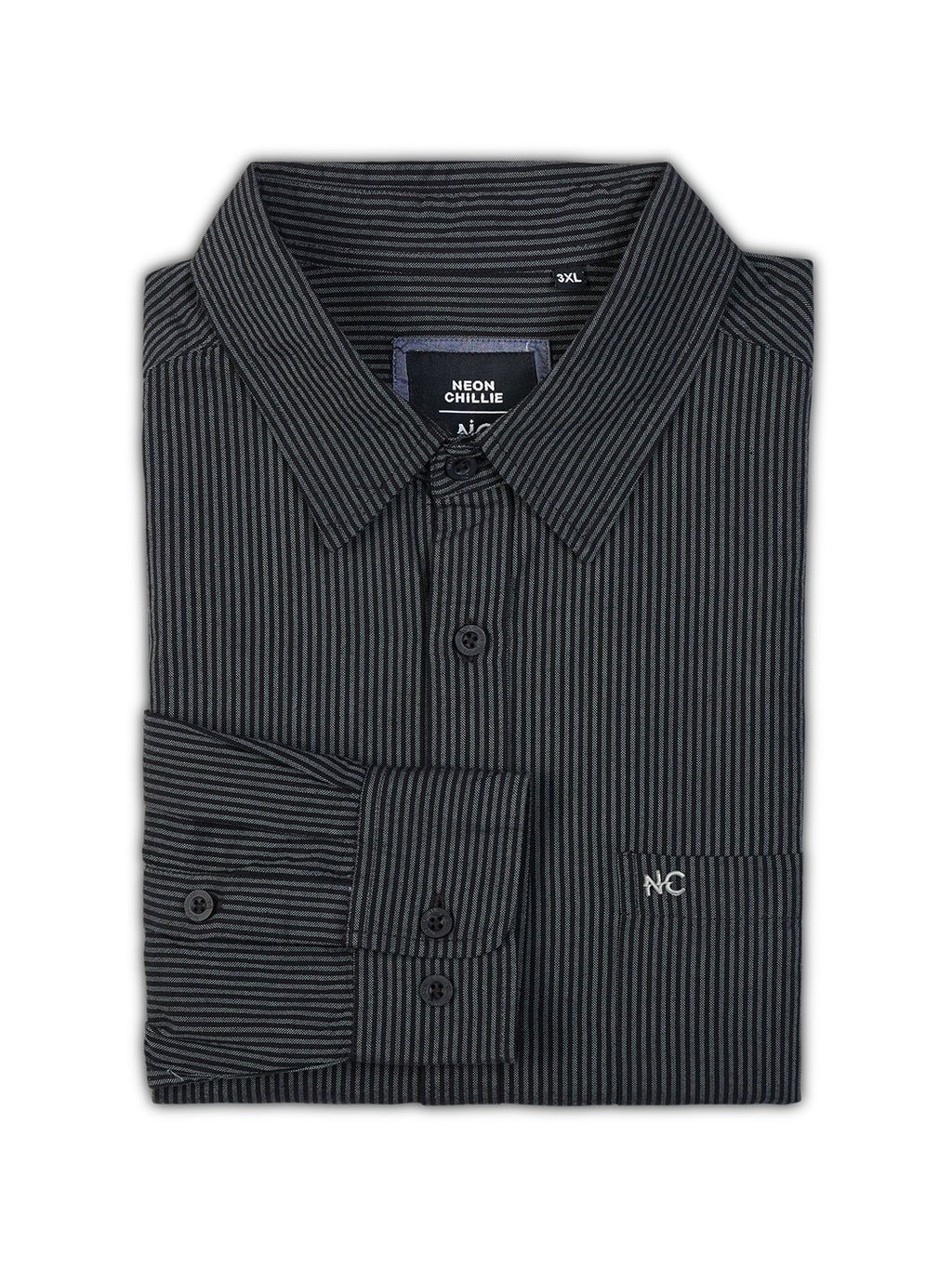 Plus Size Cotton Stripes Shirt 1 Pocket Regular Fit Smart Casual Shirt , Style-1270-Black