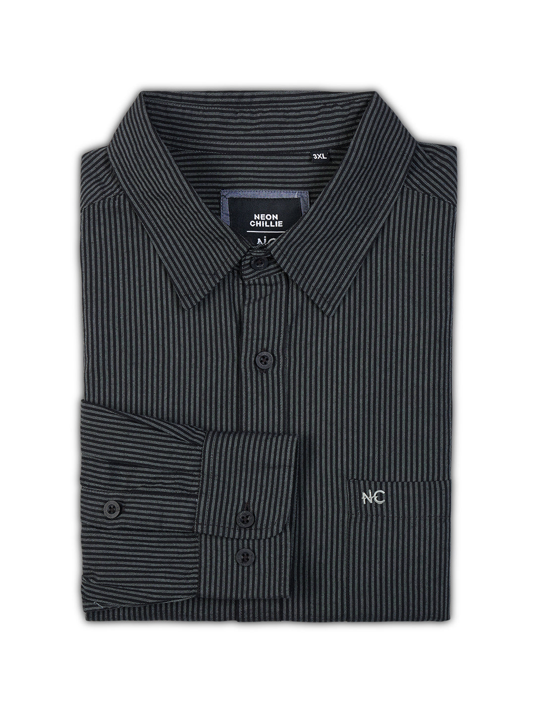 Plus Size Cotton Stripes Shirt 1 Pocket Regular Fit Smart Casual Shirt , Style-1270-Black