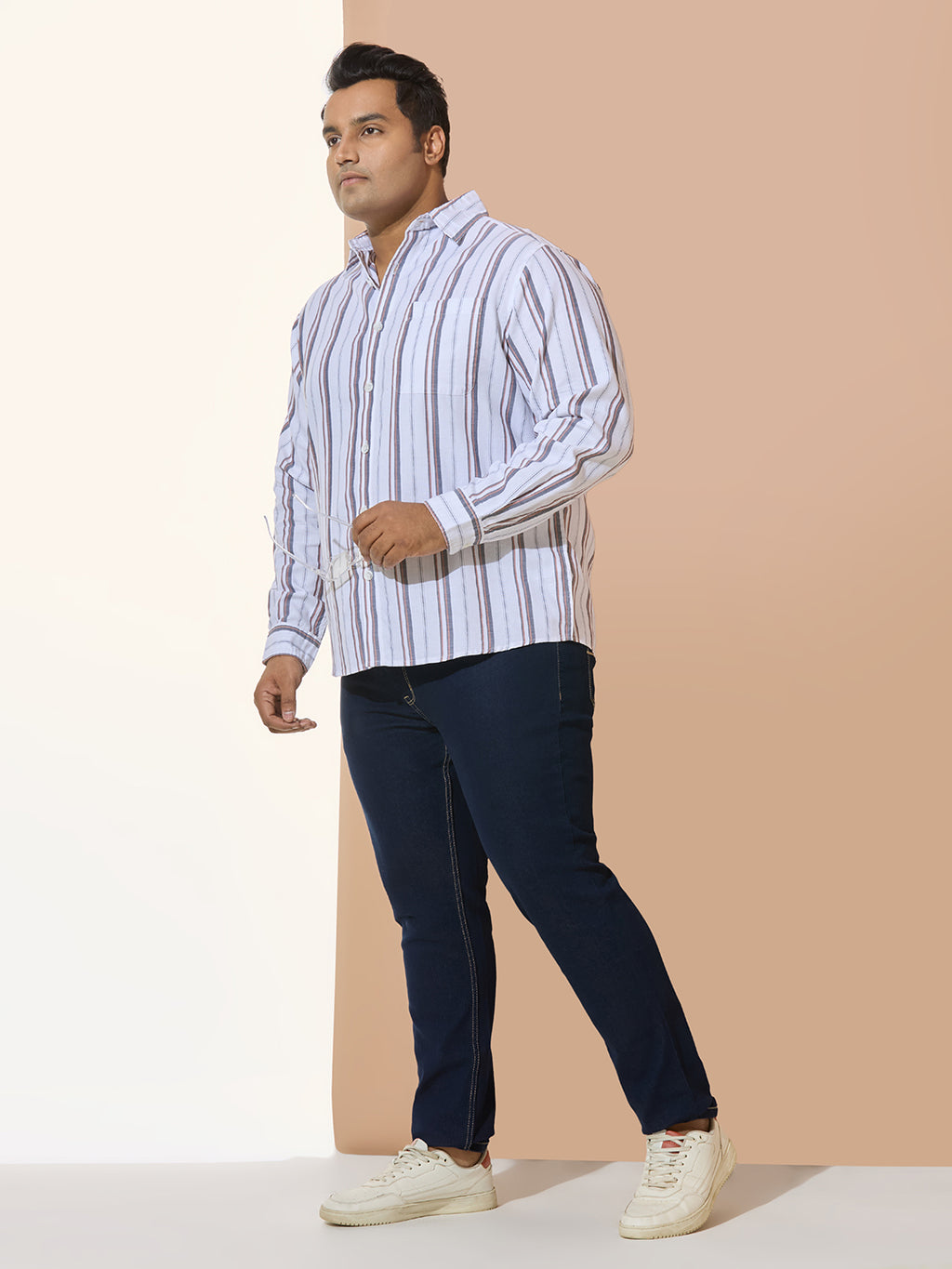 Men Cotton Stripe 1 Pocket Regular Fit Smart Casual Shirt - White-orange