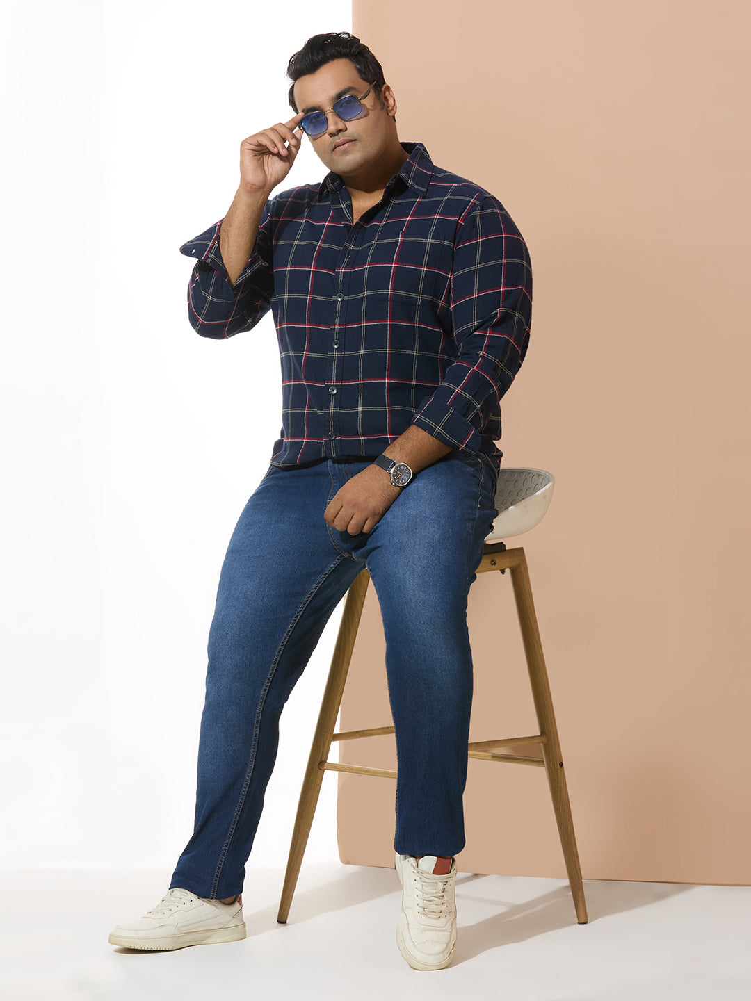 Men Cotton Checks 1 Pocket Regular Fit Smart Casual Shirt - Navyred