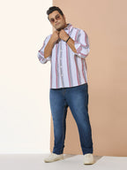 Men Cotton Stripe 1 Pocket Regular Fit Smart Casual Shirt - WhiteRed