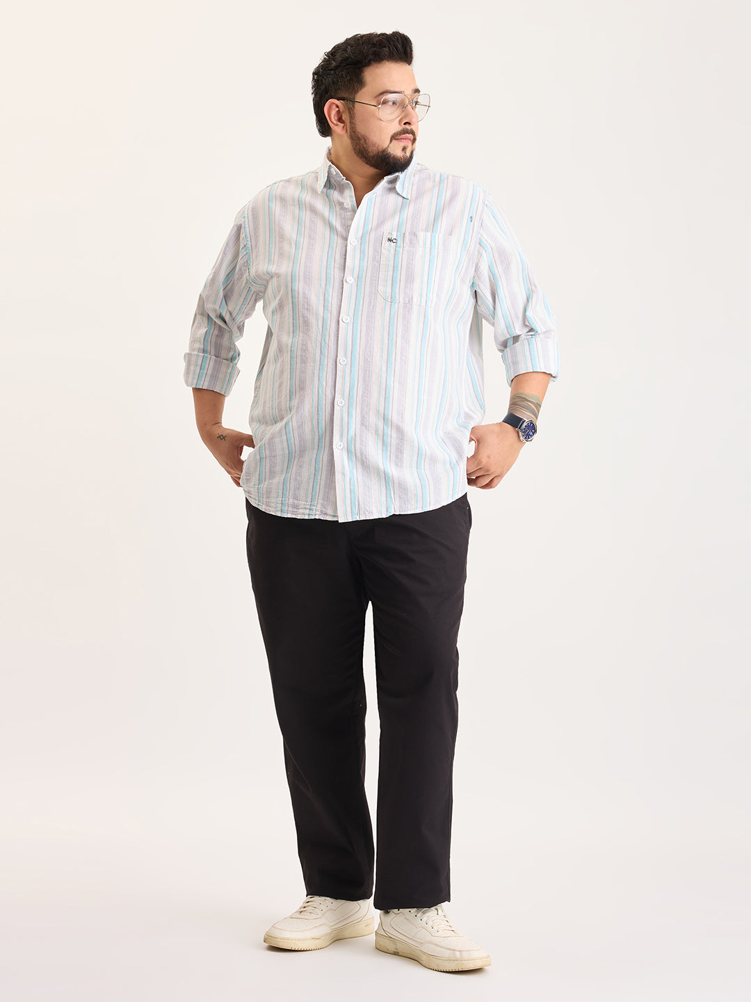 Plus Size Cotton 1 Pocket Regular Fit Smart Casual Shirt  - Aqua Blue - Style 1266