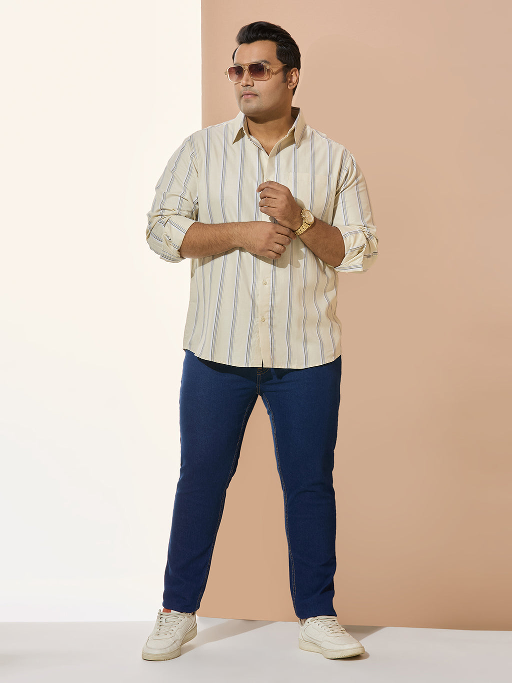 Men Cotton Stripe 1 Pocket Regular Fit Smart Casual Shirt - Yellow