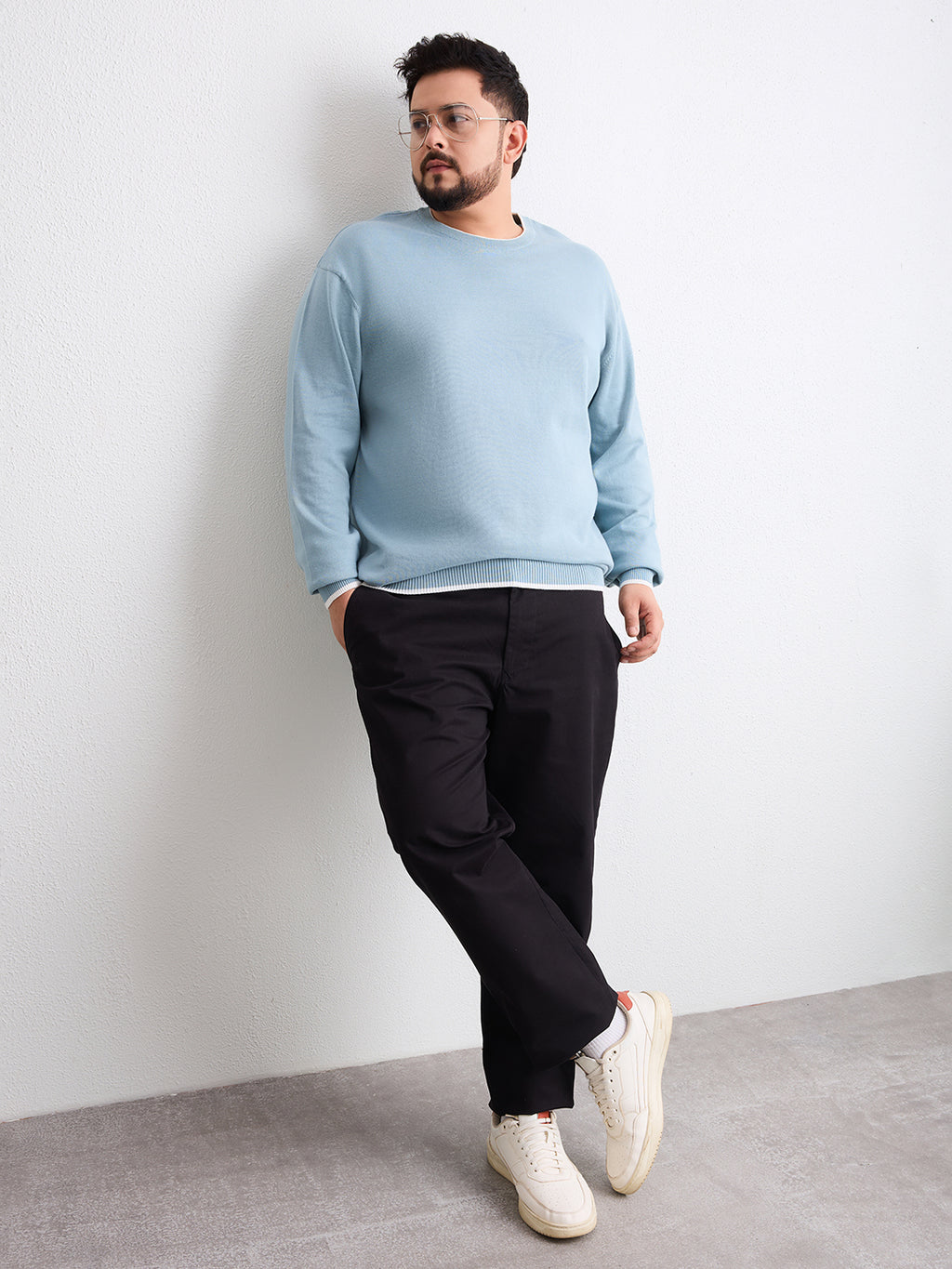 Flat Knit Full Sleeve Polo Ribbed T Shirt  - Light Blue - Style 133