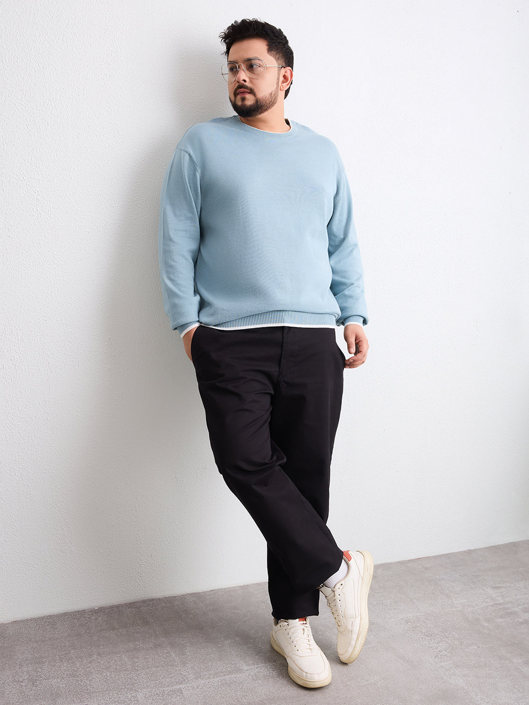Flat Knit Full Sleeve Polo Ribbed T Shirt  - Light Blue - Style 133