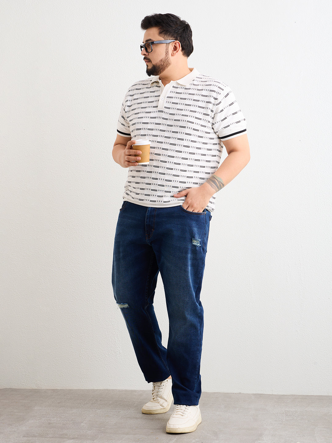 Neon Chillie Men's Plus Size Half Sleeve Polo Ribbed T Shirt - 144-White