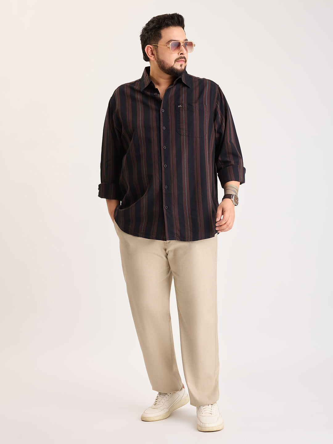 Plus Size Cotton 1 Pocket Regular Fit Smart Casual Shirt  - Coffee - Style 1268