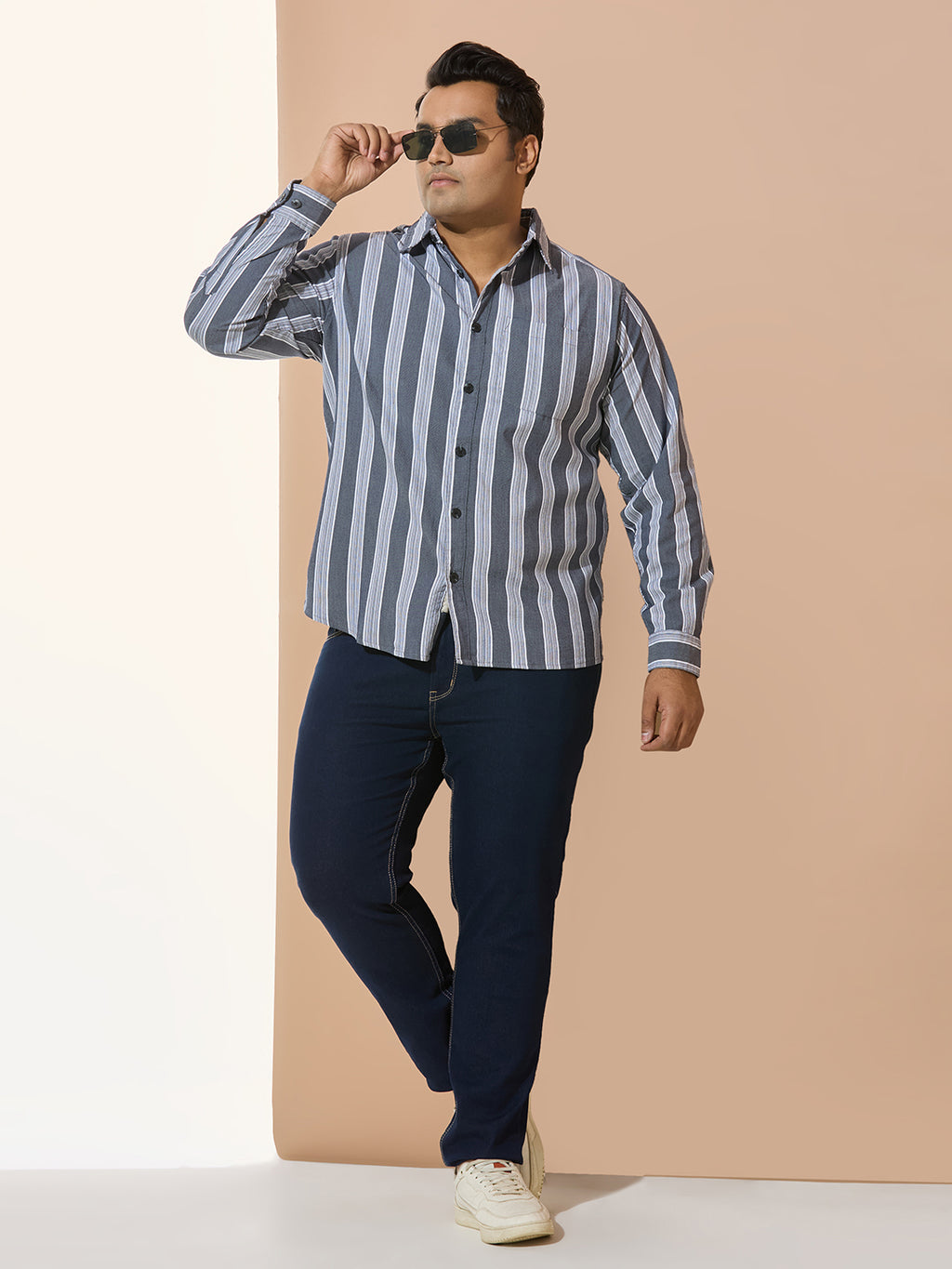 Men Cotton Stripe 1 Pocket Regular Fit Smart Casual Shirt  - NavyWhite