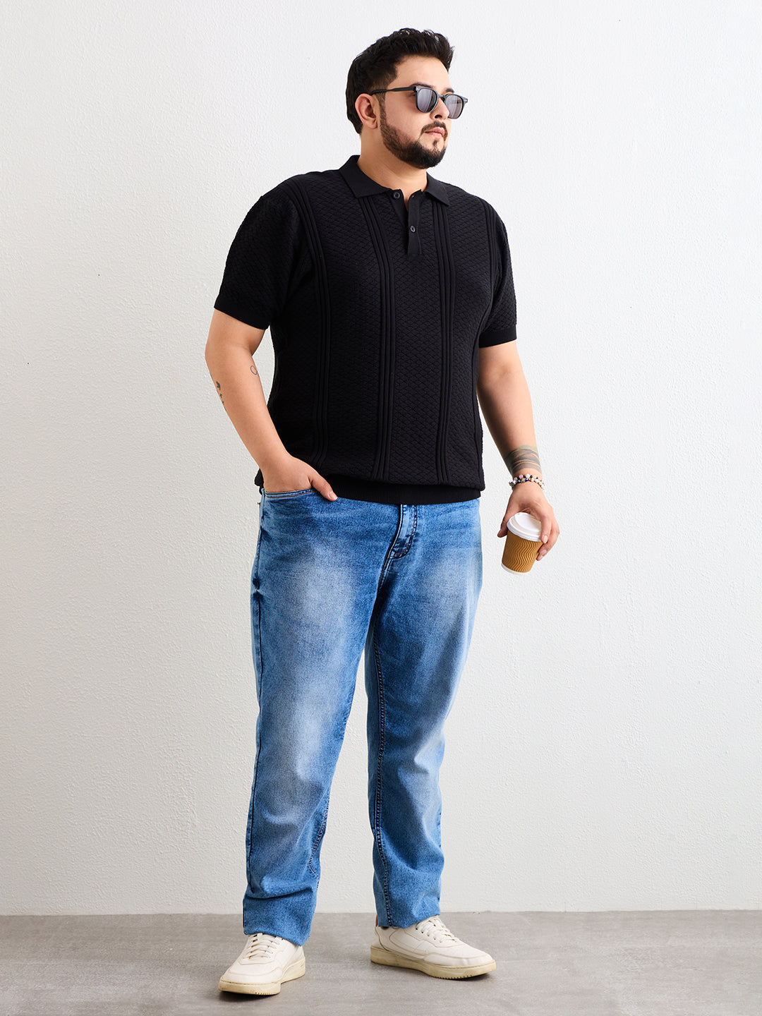 Neon Chillie Men's Plus Size Half Sleeve Polo Ribbed T Shirt - 144-Black