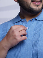 Flat Knit Half sleeve Polo Ribbed T Shirt - 125-Skyblue