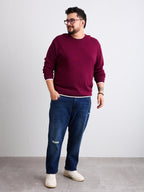 Flat Knit Full Sleeve Polo Ribbed T Shirt  - Maroon - Style 133
