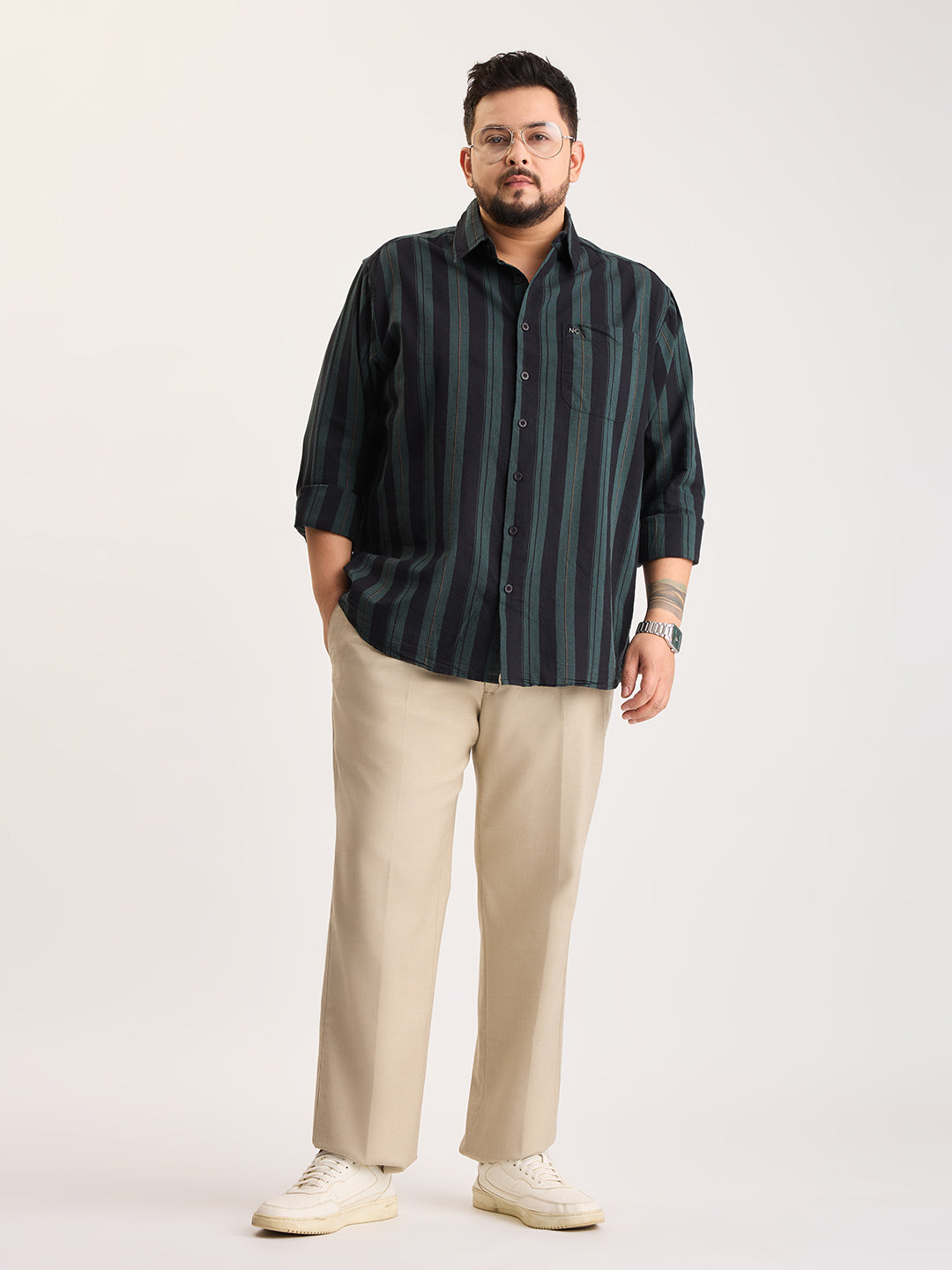 Plus Size Cotton 1 Pocket Regular Fit Smart Casual Shirt  - Dark Green - Style 1268