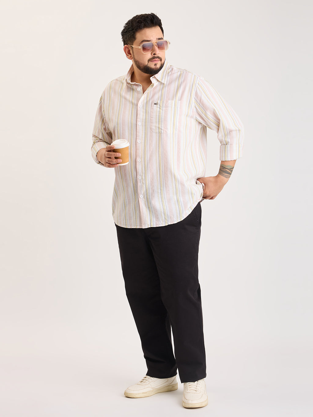 Plus Size Cotton 1 Pocket Regular Fit Smart Casual Shirt  - Yellow-White - Style 1267