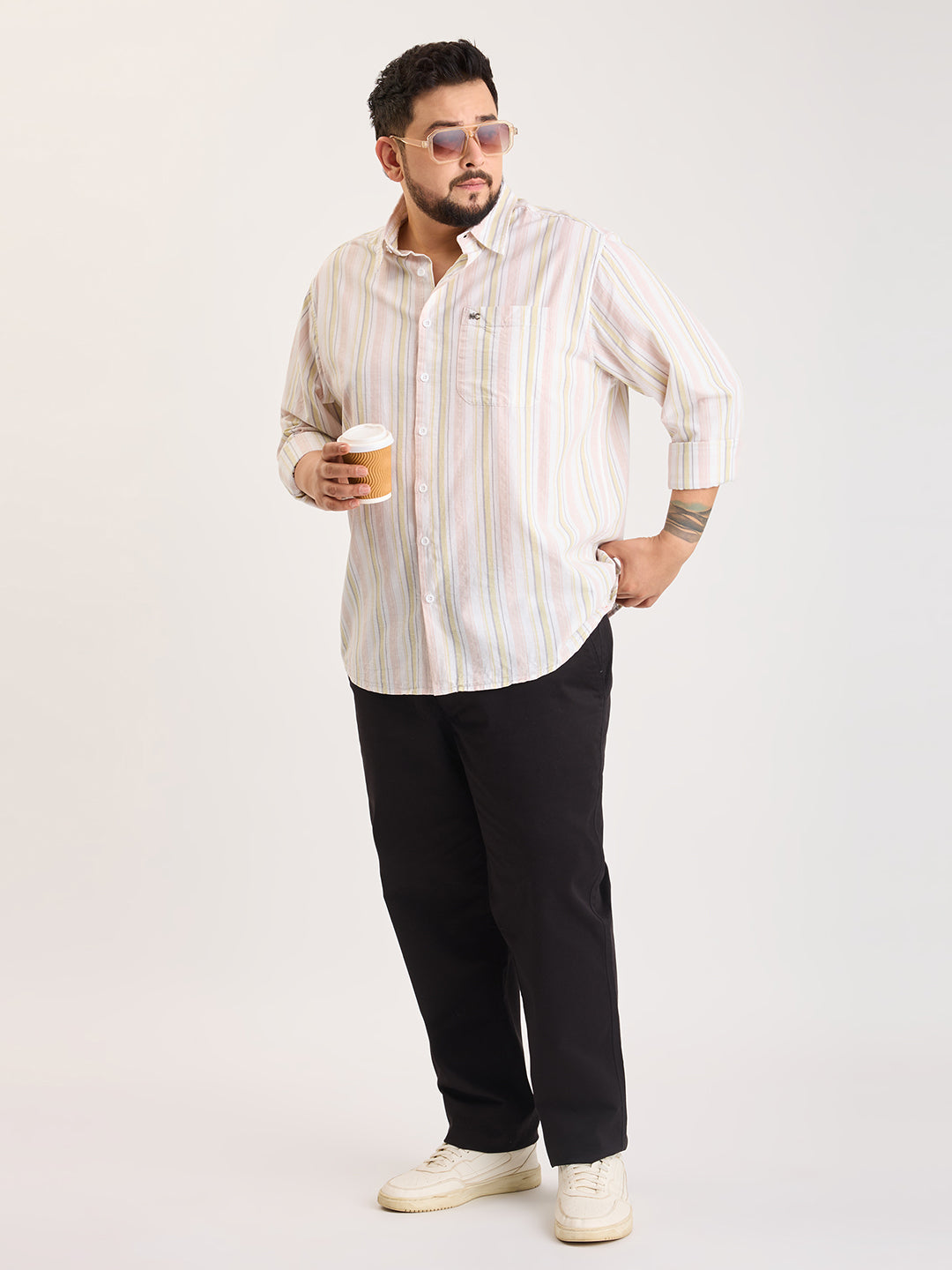 Plus Size Cotton 1 Pocket Regular Fit Smart Casual Shirt  - Yellow-White - Style 1267