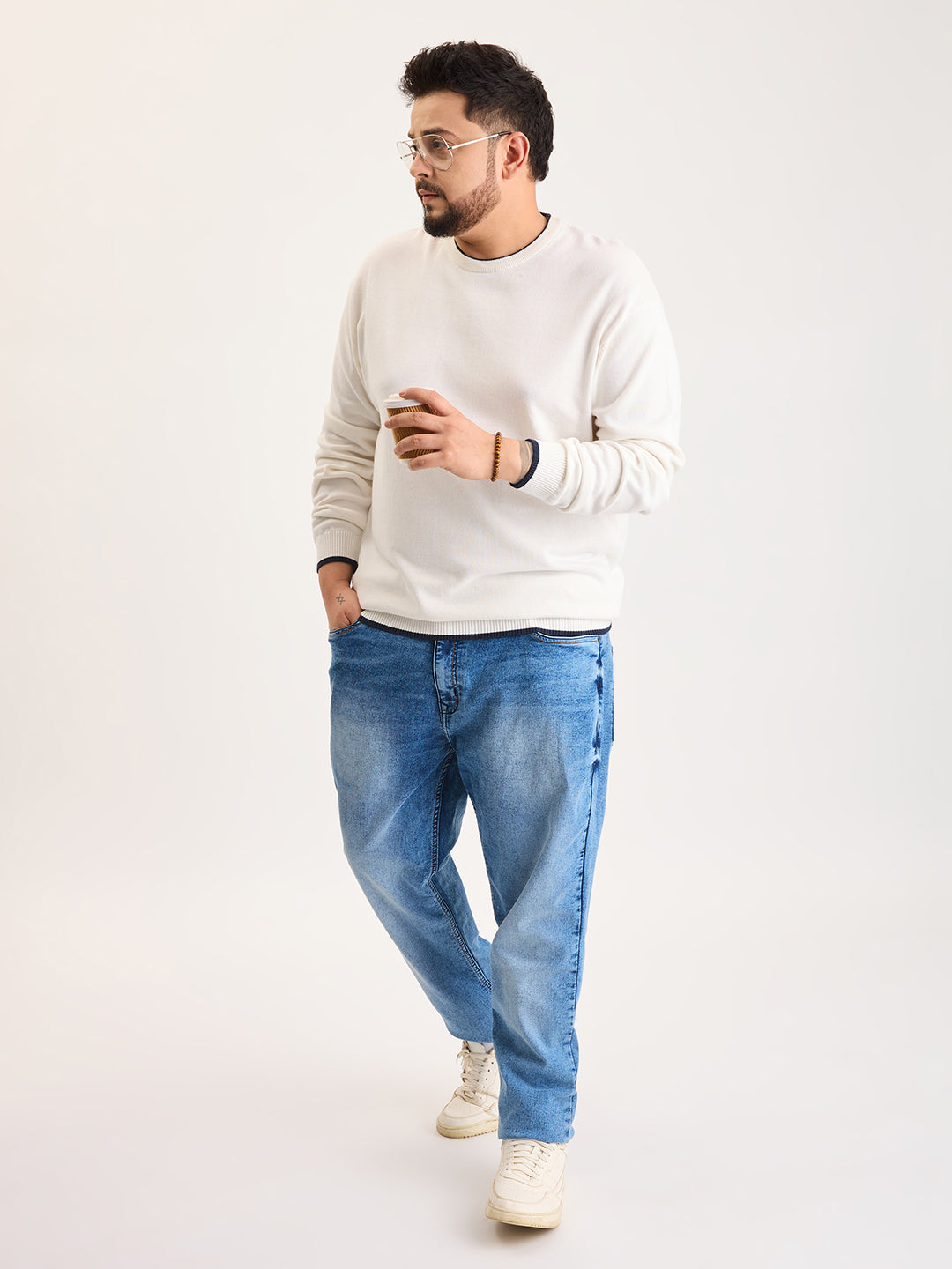 Flat Knit Full Sleeve Polo Ribbed T Shirt  - White - Style 133