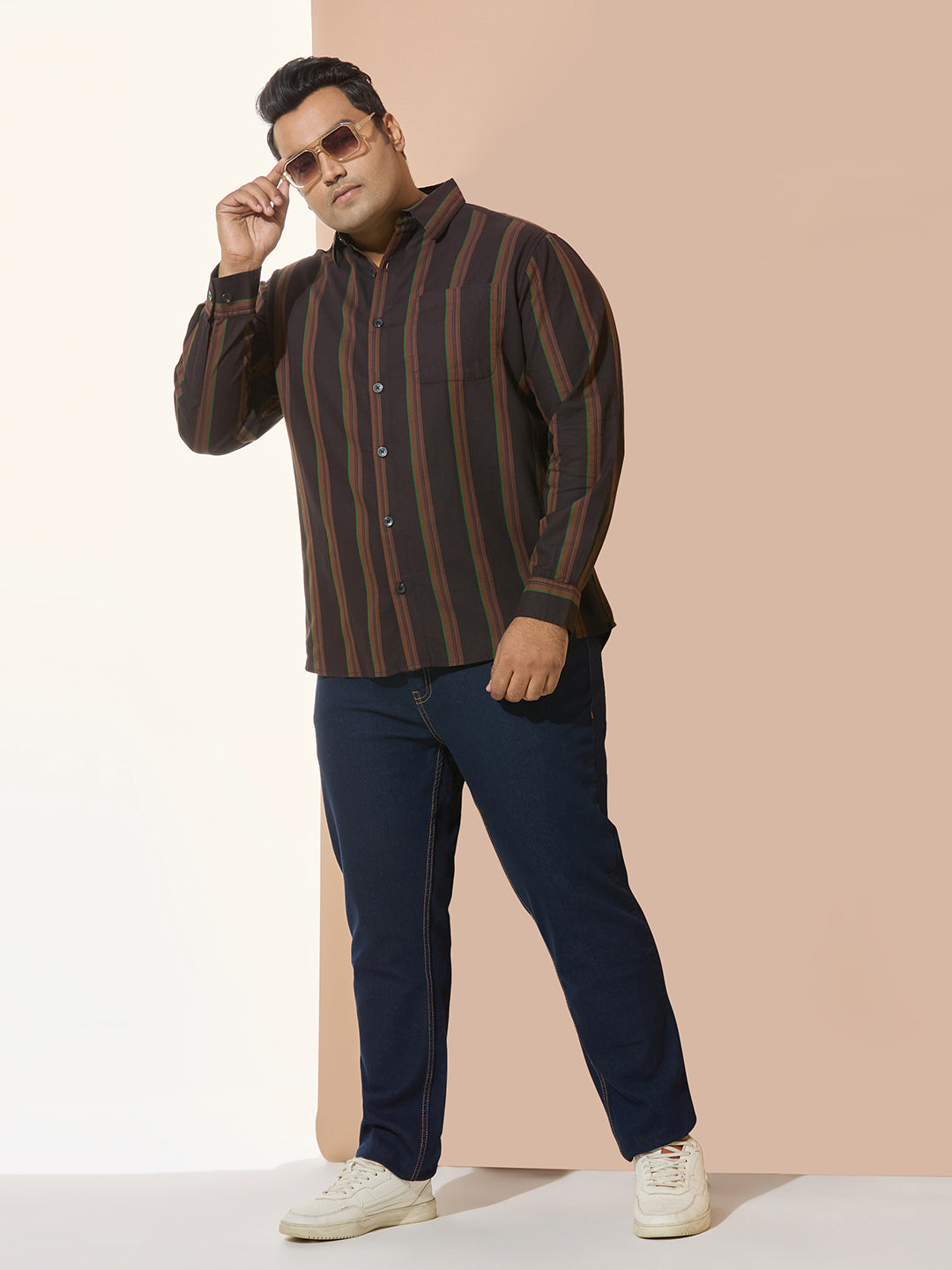 Men Cotton Stripe 1 Pocket Regular Fit Smart Casual Shirt - BrownGreen