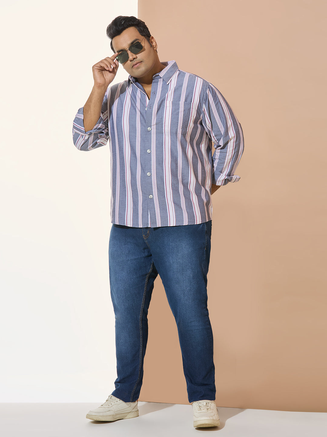 Men Cotton Stripe 1 Pocket Regular Fit Smart Casual Shirt - Navy