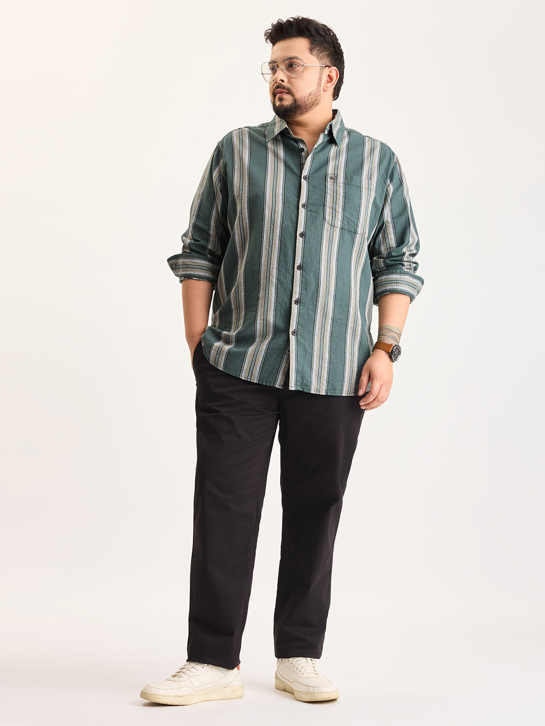Plus Size Cotton 1 Pocket Regular Fit Smart Casual Shirt  - Green - Style 1269