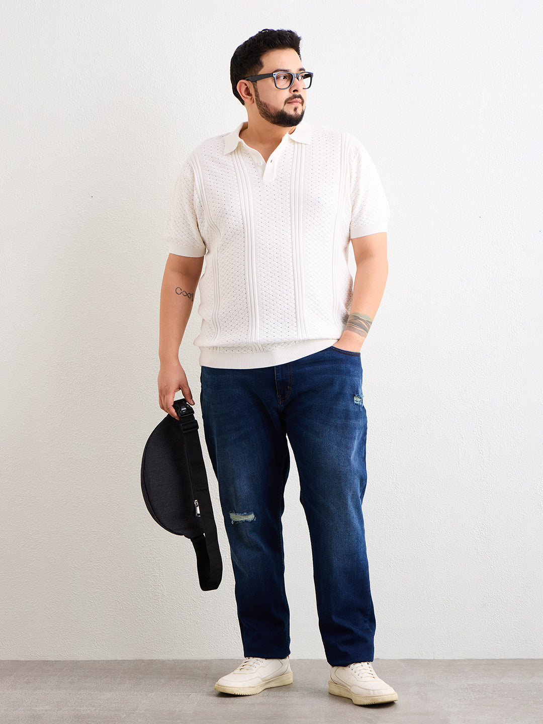 Neon Chillie Men's Plus Size Half Sleeve Polo Ribbed T Shirt - 144-White