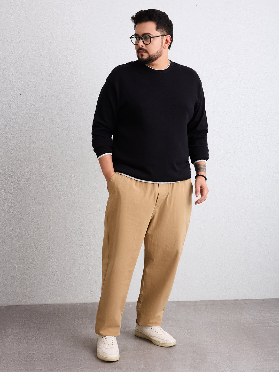 Flat Knit Full Sleeve Polo Ribbed T Shirt  - Black - Style 133