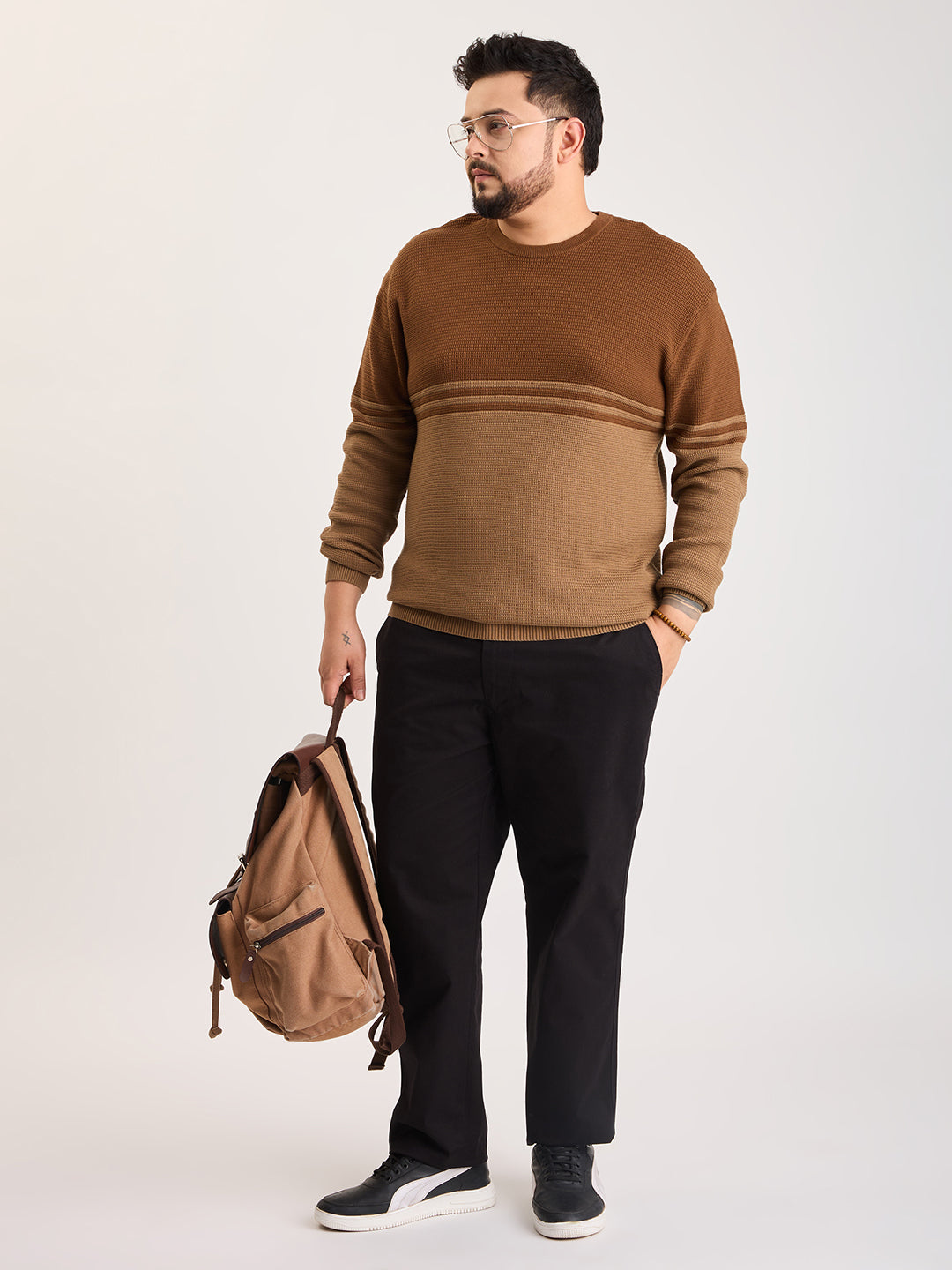 Flat Knit Full Sleeve Polo Ribbed T Shirt  - Brown - Style 135