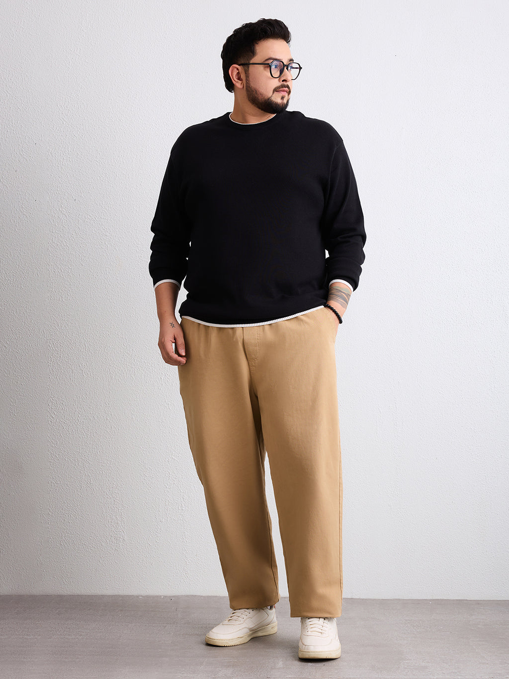 Flat Knit Full Sleeve Polo Ribbed T Shirt  - Black - Style 133
