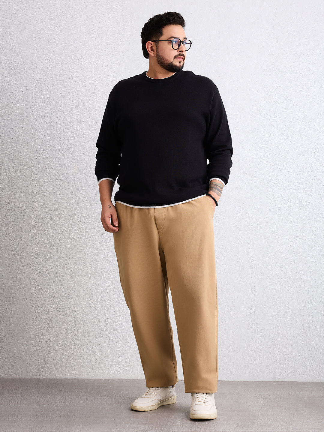 Flat Knit Full Sleeve Polo Ribbed T Shirt  - Black - Style 133