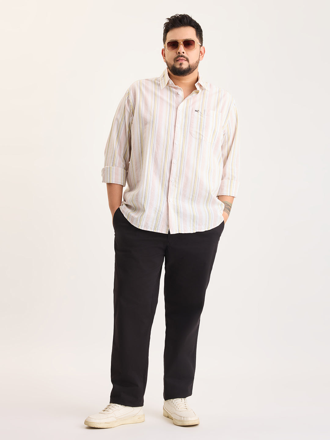 Plus Size Cotton 1 Pocket Regular Fit Smart Casual Shirt  - Yellow-White - Style 1267