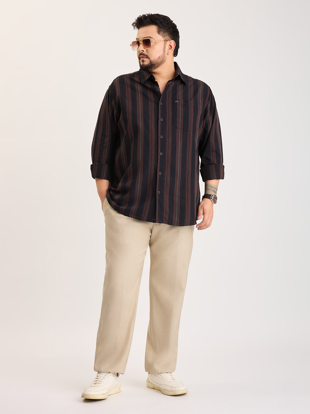 Plus Size Cotton 1 Pocket Regular Fit Smart Casual Shirt  - Coffee - Style 1268
