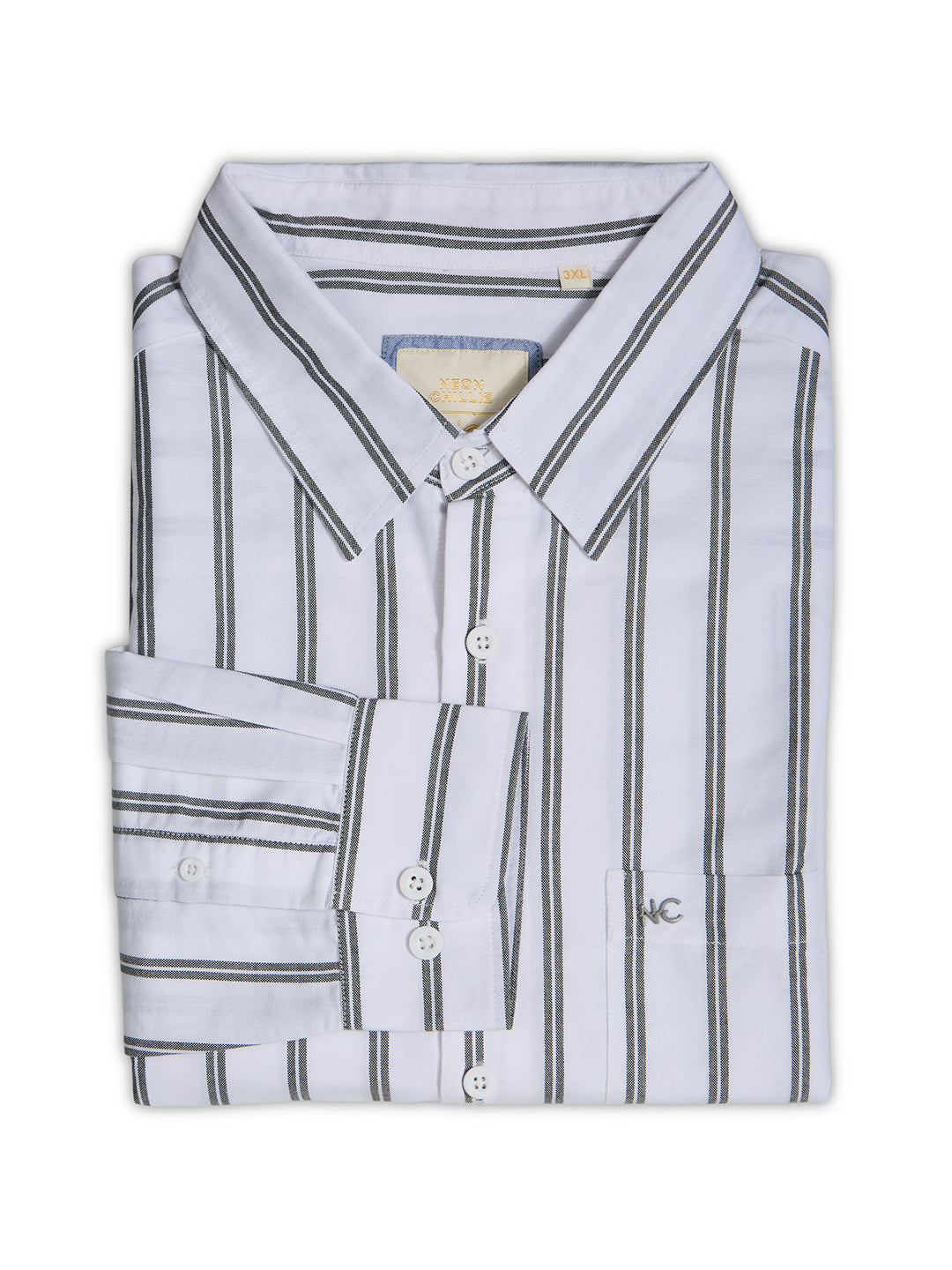 Plus Size Cotton Stripes Shirt 1 Pocket Regular Fit Smart Casual Shirt, Style- Plus-1266-White
