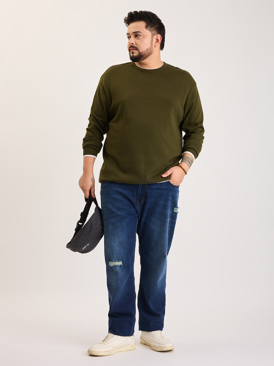 Flat Knit Full Sleeve Polo Ribbed T Shirt  - Olive Green - Style 133