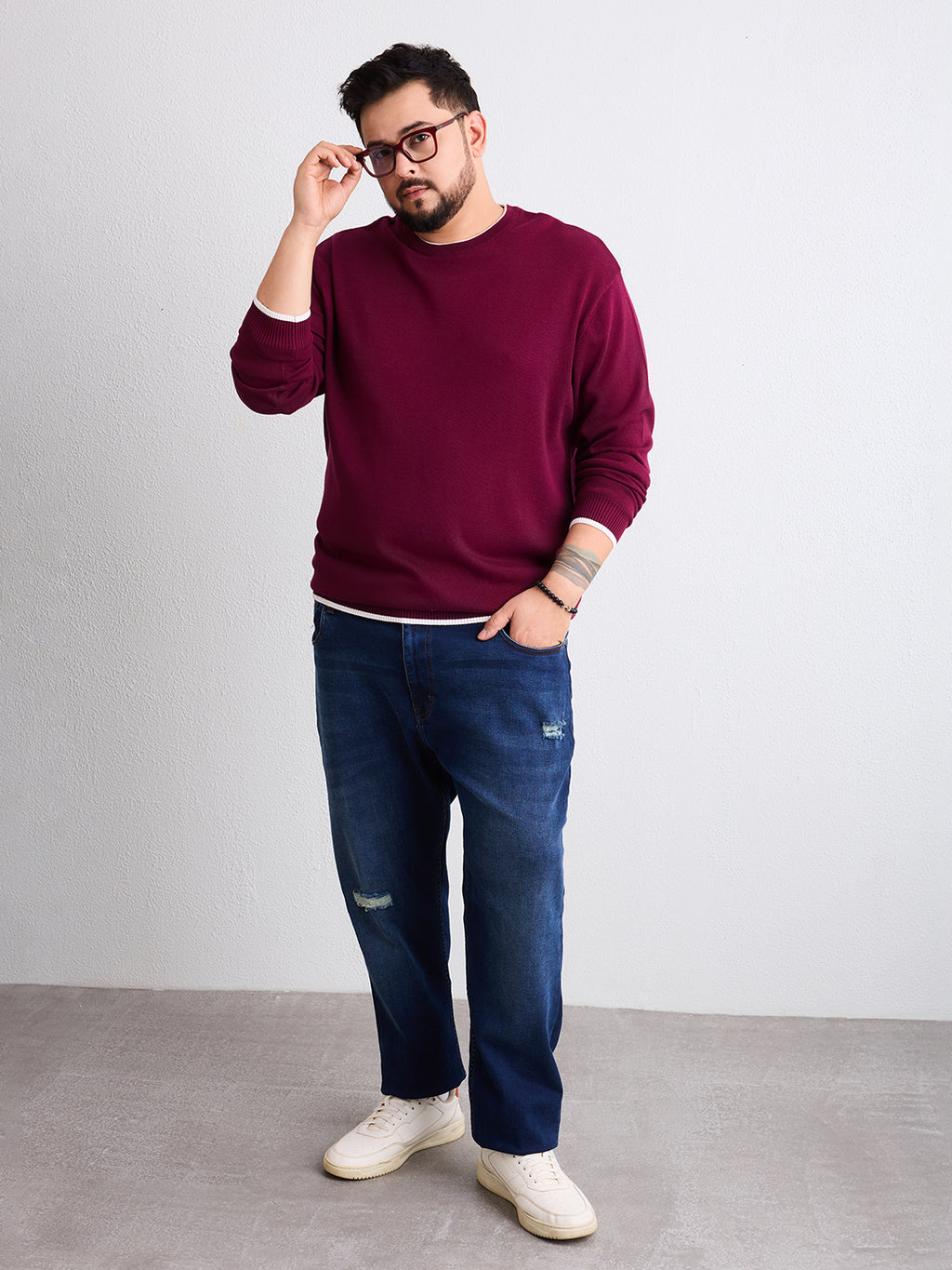 Flat Knit Full Sleeve Polo Ribbed T Shirt  - Maroon - Style 133