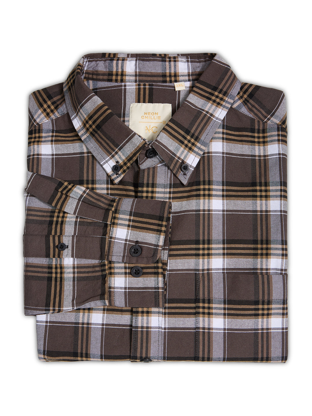 Plus Size Cotton Checks Shirt 1 Pocket Regular Fit Smart Casual Shirt, Style- Plus-1262-brown