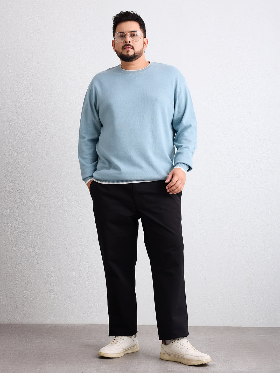 Flat Knit Full Sleeve Polo Ribbed T Shirt  - Light Blue - Style 133