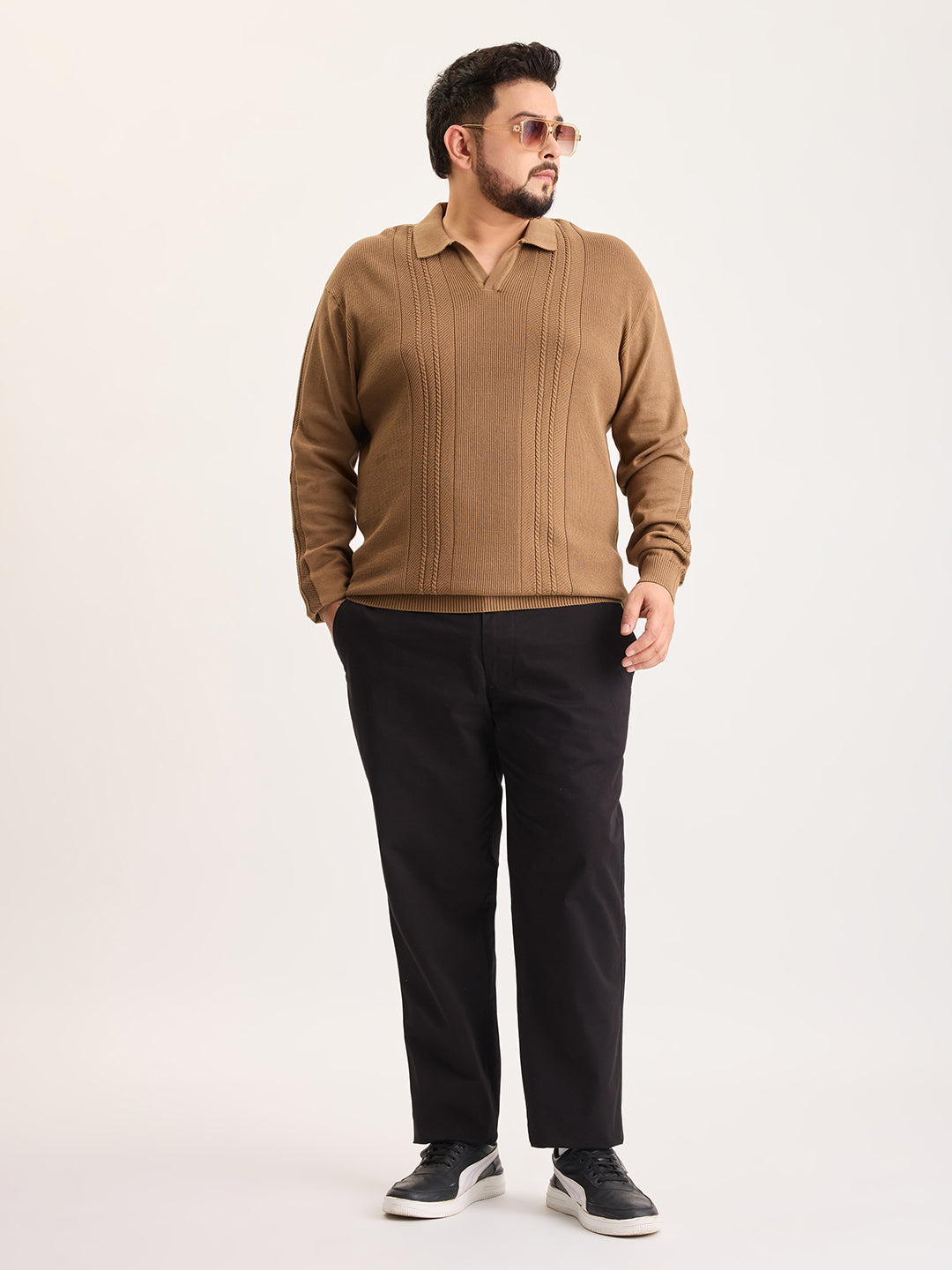 Flat Knit Full Sleeve Polo Ribbed T Shirt  - Khaki - Style 136