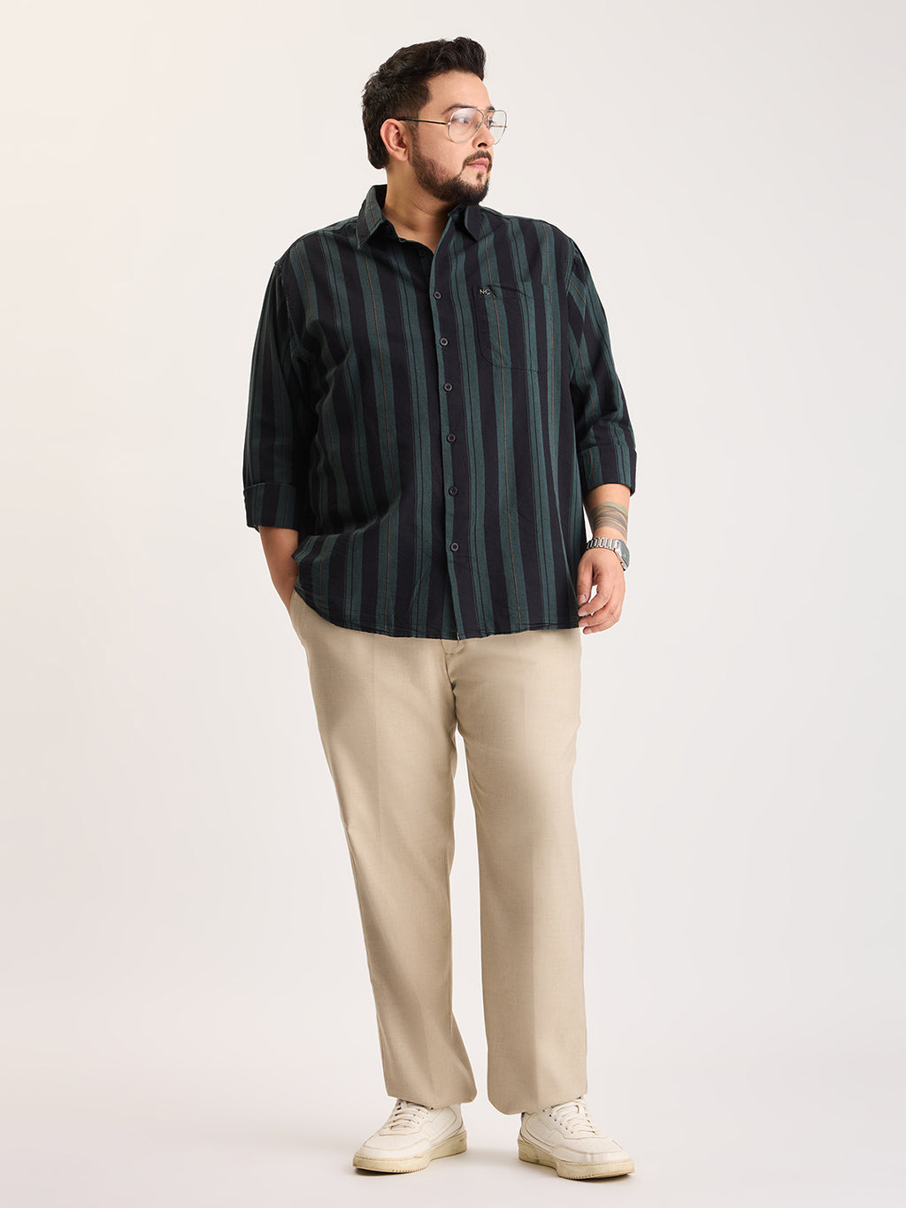 Plus Size Cotton 1 Pocket Regular Fit Smart Casual Shirt  - Dark Green - Style 1268