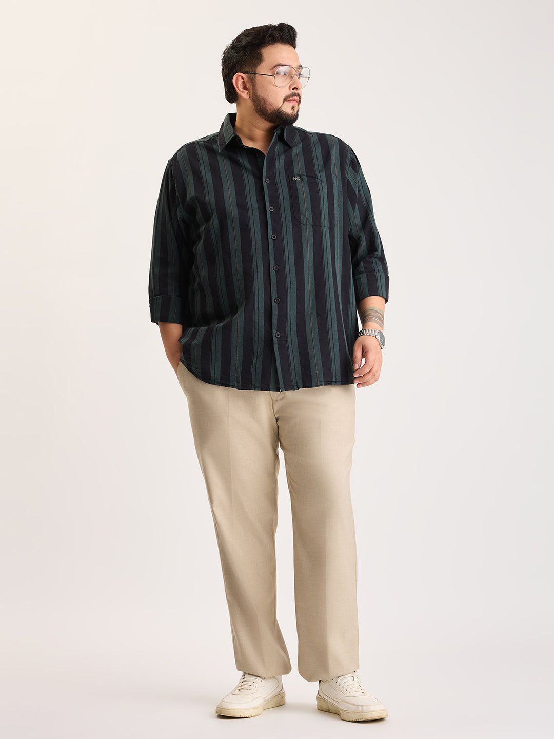 Plus Size Cotton 1 Pocket Regular Fit Smart Casual Shirt  - Dark Green - Style 1268