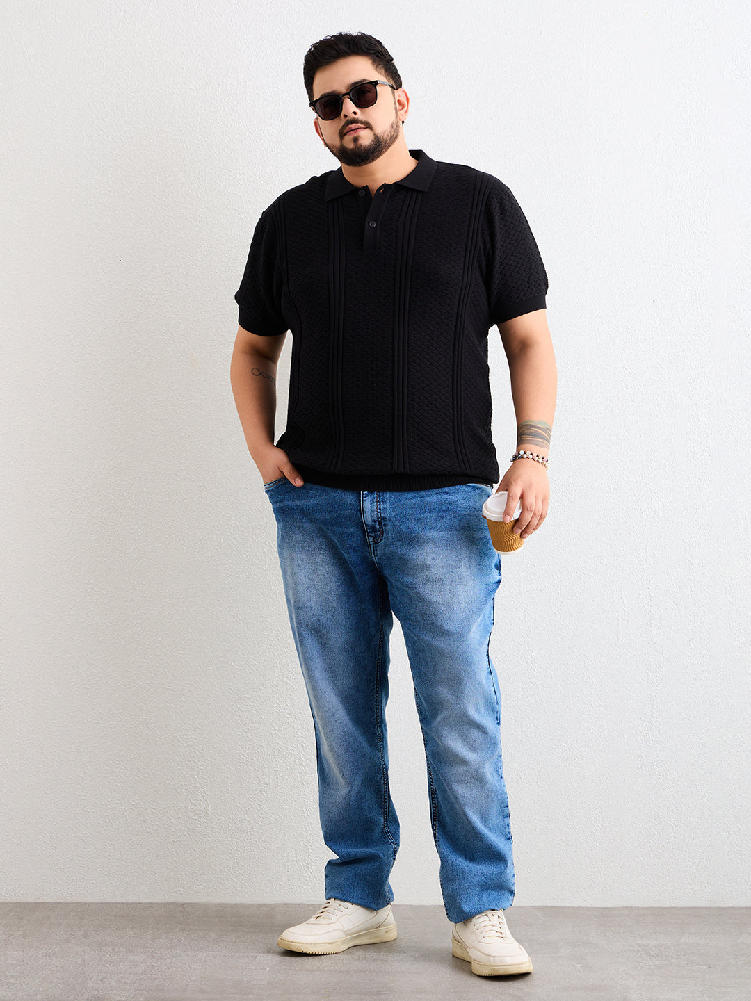 Neon Chillie Men's Plus Size Half Sleeve Polo Ribbed T Shirt - 144-Black